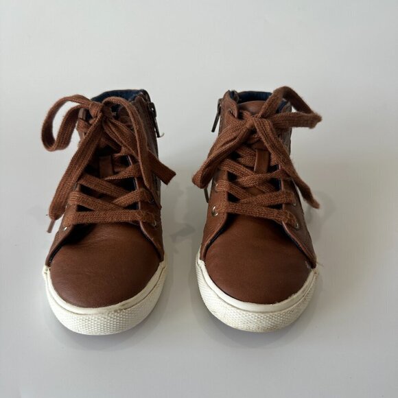 Cat & Jack Brown Faux Leather High Top Lace Up & Side Zipper Sneakers Shoes - Picture 3 of 4